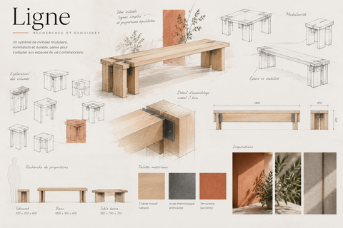 Planche de recherches Ligne : croquis de mobilier, premières proportions et palette de matières.