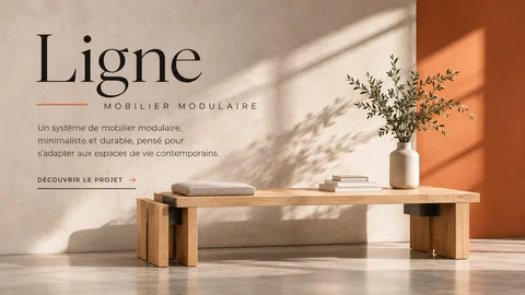 Banc Ligne en chêne clair dans un espace lumineux, devant un mur aux accents terracotta.