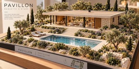 Maquette d'étude du Pavillon dans son environnement paysager.