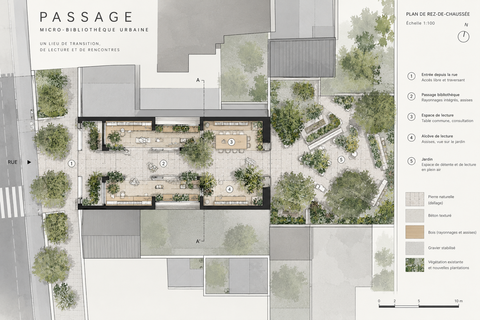 Plan d’implantation de Passage : rue, traversée, espaces de lecture et jardin ; échelle 1:100 indiquée.