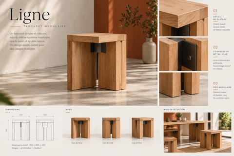 Planche du tabouret Ligne : rendu, dessins cotés, vues et détail du connecteur métallique.