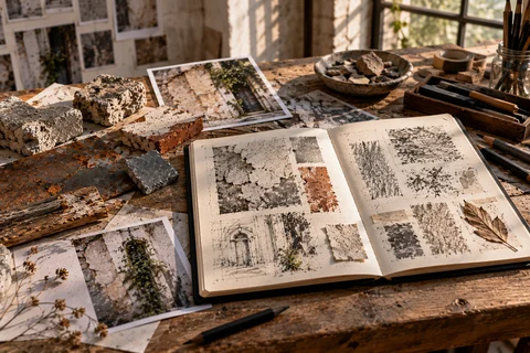 Table d’atelier avec carnet, tirages photographiques, outils et fragments collectés.