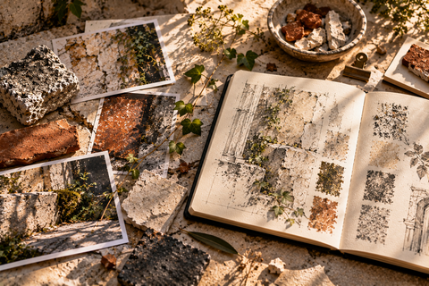 Carnet de synthèse réunissant dessins, photographies et recherches de matières.