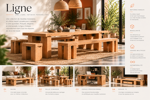Planche de synthèse Ligne : variations d’usage du mobilier dans le salon, le repas et le travail.