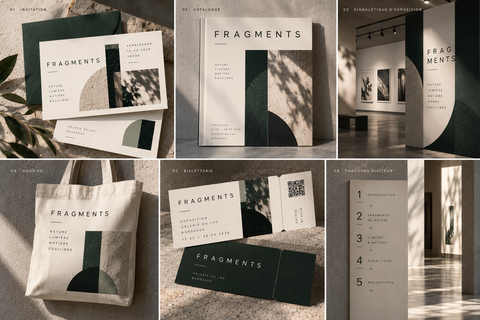 Déclinaisons Fragments sur invitation, catalogue, signalétique, sac, billet et parcours de visite.