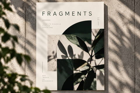 Affiche principale Fragments sur un mur de pierre : titre espacé, compositions vert sombre et ombres végétales.