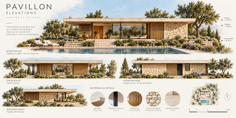 Élévations du Pavillon présentant les façades en pierre, bois et verre.