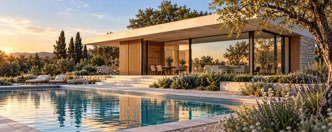 Vue extérieure principale du Pavillon ouvert sur une piscine et un paysage méditerranéen.