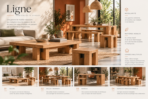 Planche d’ambiances Ligne associant mobilier modulaire, salon, repas et espaces de travail.