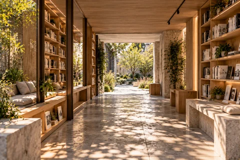 Intérieur de Passage : rayonnages en bois, assises et traversée vers le jardin.