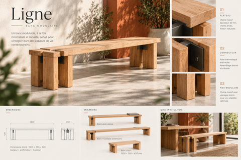Planche du banc Ligne : rendu, proportions, variantes et assemblage des pieds au plateau.
