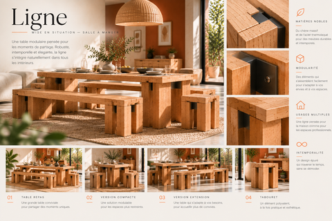 Planche de salle à manger Ligne : table, bancs et tabourets, avec configurations compactes et étendues.