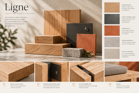 Planche matières Ligne : chêne clair, acier sombre, textile et détails de texture et de jonction.