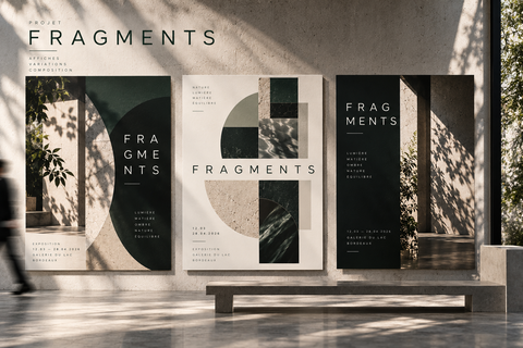 Trois variations d’affiches Fragments associant typographie, fragments photographiques et aplats.