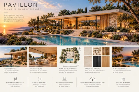 Ambiance du Pavillon au bord de la piscine dans la lumière de fin de journée.