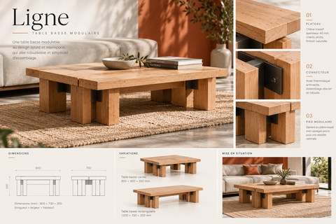 Planche de la table basse Ligne : rendu, dessins cotés et variations de format.