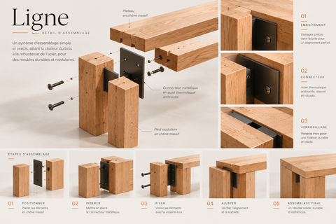 Vue éclatée de l’assemblage Ligne et séquence illustrée de positionnement, insertion et fixation.