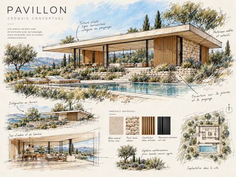 Croquis conceptuel du Pavillon et recherches sur son intégration paysagère.
