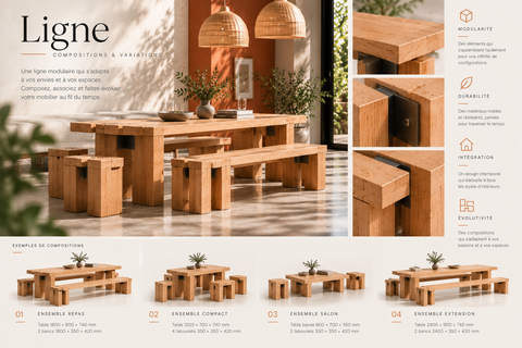 Planche de compositions Ligne : gamme réunie autour de la table et variations d’agencement.