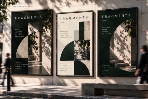 Trois affiches Fragments présentées dans une rue, sur un mur de pierre.