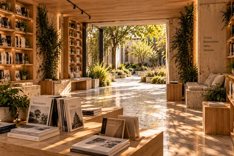 Bibliothèque ouverte sur le jardin : livres, assises et continuité entre intérieur et extérieur.