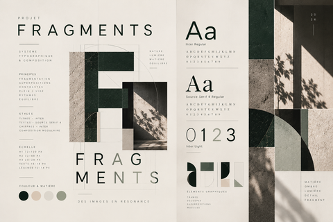 Système typographique Fragments : lettres, hiérarchie, couleurs et formes géométriques.