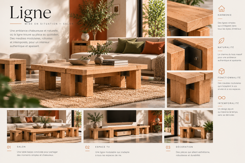 Planche du salon Ligne : table basse, assises et détails de matière dans un intérieur lumineux.