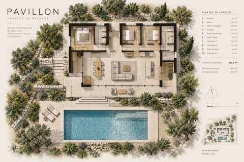 Plan du rez-de-chaussée du Pavillon et implantation paysagère.
