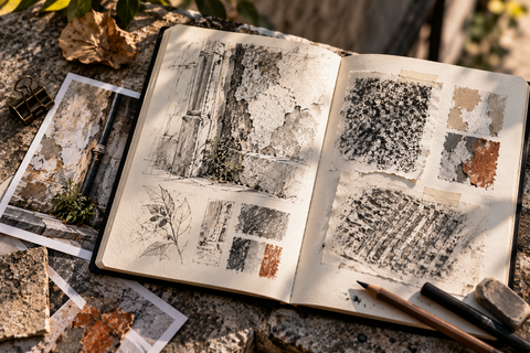 Carnet de matières ouvert associant dessins au graphite, frottages et échantillons de textures.