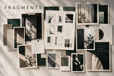 Recherches Fragments : matières, cadrages photographiques, croquis et essais de composition.