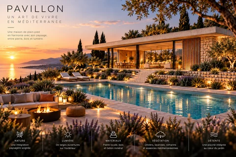 Vue extérieure du Pavillon au crépuscule avec la piscine et le jardin méditerranéen.