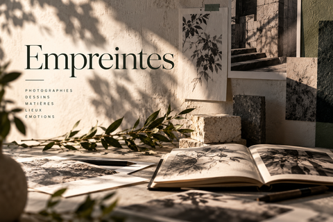 Composition Empreintes : titre, carnet ouvert, photographies, matières minérales et ombres végétales.