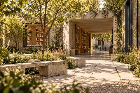 Jardin planté avec chemin, assises minérales et façade ouverte de la bibliothèque.