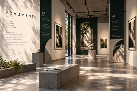 Application de l’identité Fragments sur les murs et panneaux d’une exposition fictive.