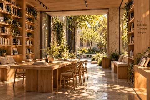 Espace de lecture partagé avec tables, livres et vue sur le jardin.