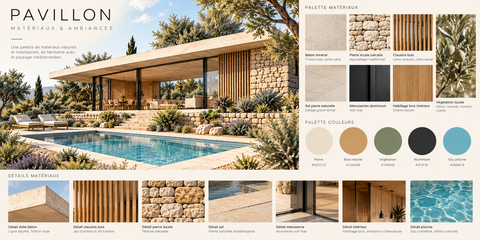 Planche de matériaux du Pavillon : pierre, bois, béton, aluminium et végétation.