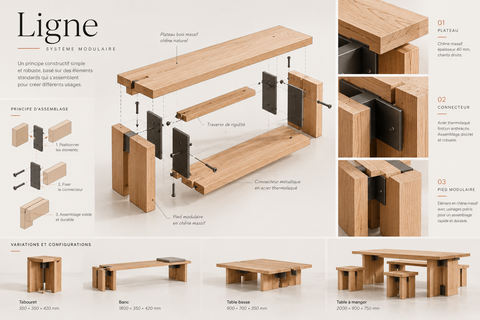 Planche du système modulaire Ligne : vue éclatée du banc, composants et configurations de la gamme.